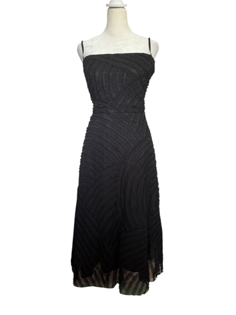 BCBGMaxAzria Black Textured Spaghetti-Strap Midi Dress Fit Flare